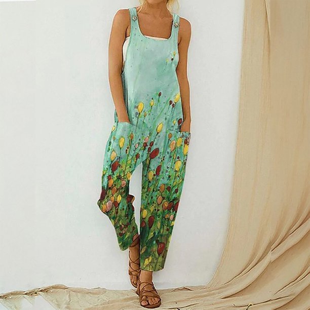 ICHUANYI Clearance Women Summer European And American Sling Solid Pocket Casual Jumpsuit(Mint Green, M) ICHUANYI WER2023081108255