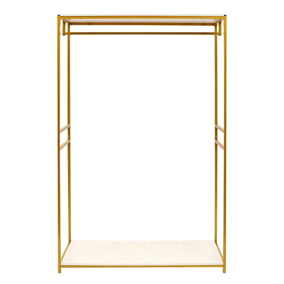 Dwellnix Modern Gold Frame Clothing Display Rack, Freestanding & Adjustable, Includes Wooden Storage Shelf, Ideal for Bedroom, Retail Stores, & Fashion Showrooms