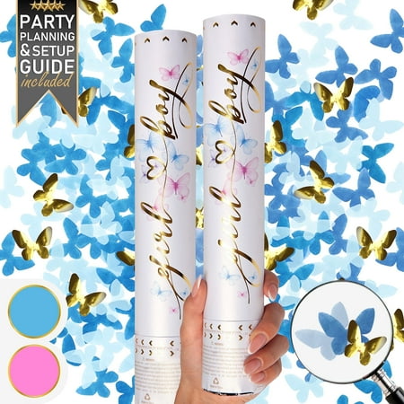 PrimePure Gender Reveal Confetti Cannon – 2 Pack, Blue, Butterfly Paper Confetti