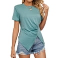 thumbnail image 2 of Babysbule Women's Crew Neck Short Sleeve Ruched T-Shirt, Asymmetric Hem Solid Color Casual Tops for Summer, 2 of 6
