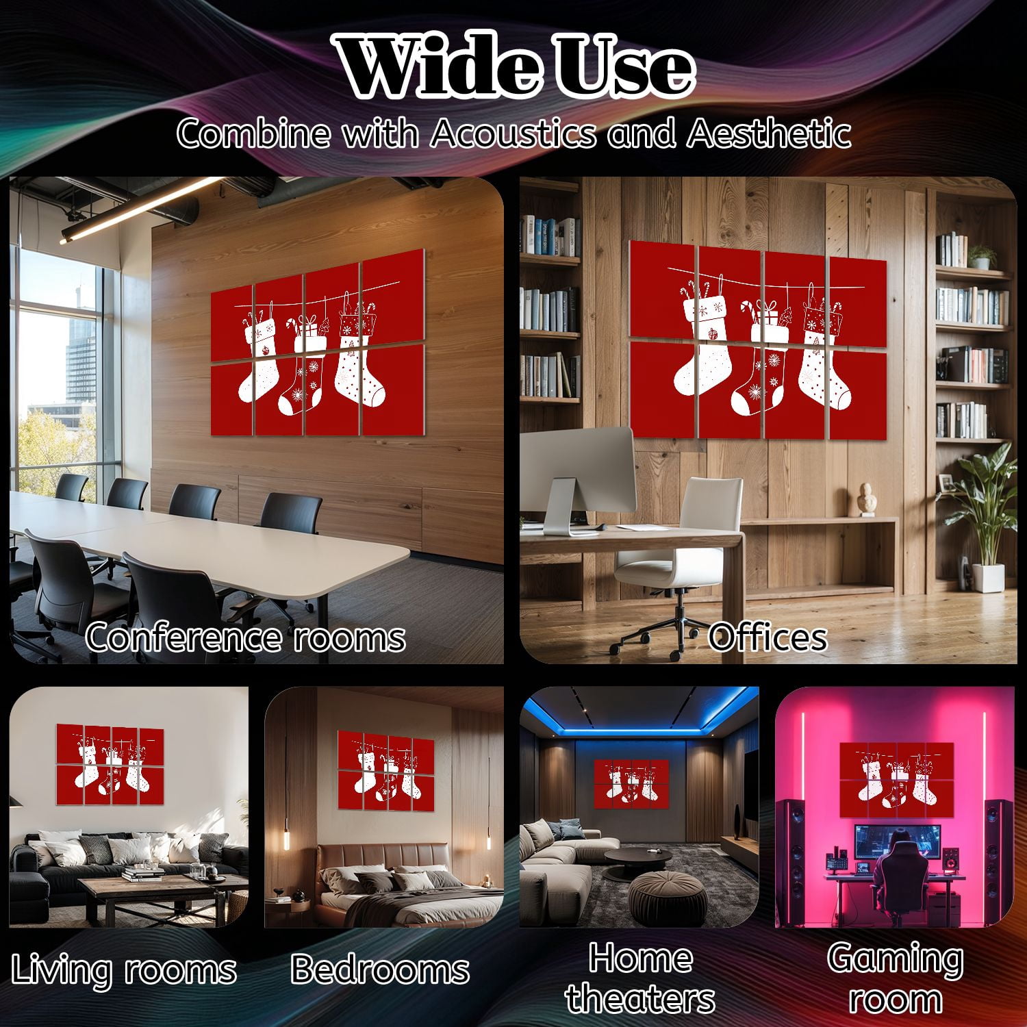8 Pack Art Acoustic Panels Sound Absorbing Christmas Stockings Festive Decorative Soundproof Wall Panels Self Adhesive for Nursery Game Room Bedroom 48"x32"