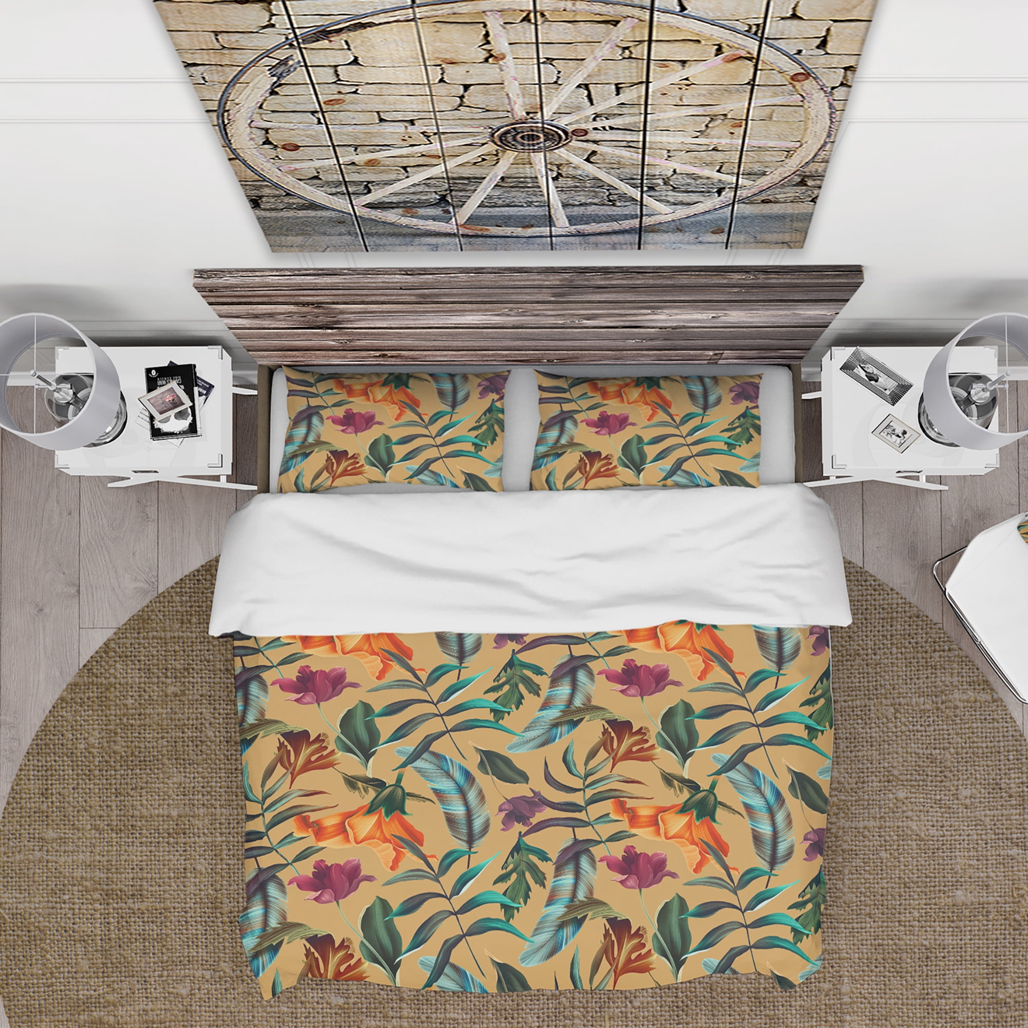 Designart 'Retro Tropical Flowers and Feathers' Vintage Duvet Cover Set