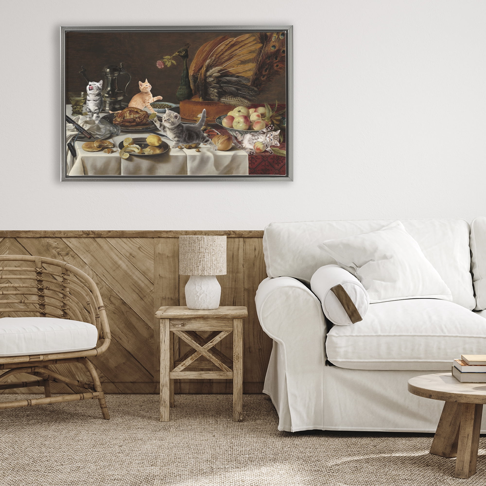 Kittens on Still Life Feast Gray Framed Floater Canvas Wall Art, design by Masters Redux