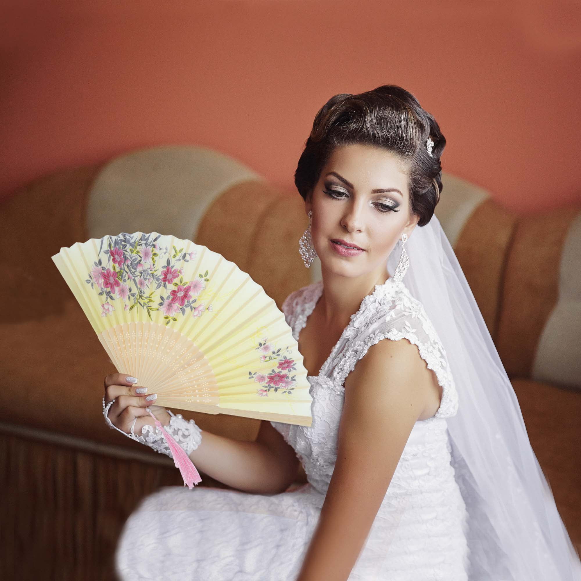 Unique Bargains Ancient Style Folding Fan 1Pc Light Yellow [Floral Beauty Vintage Design]