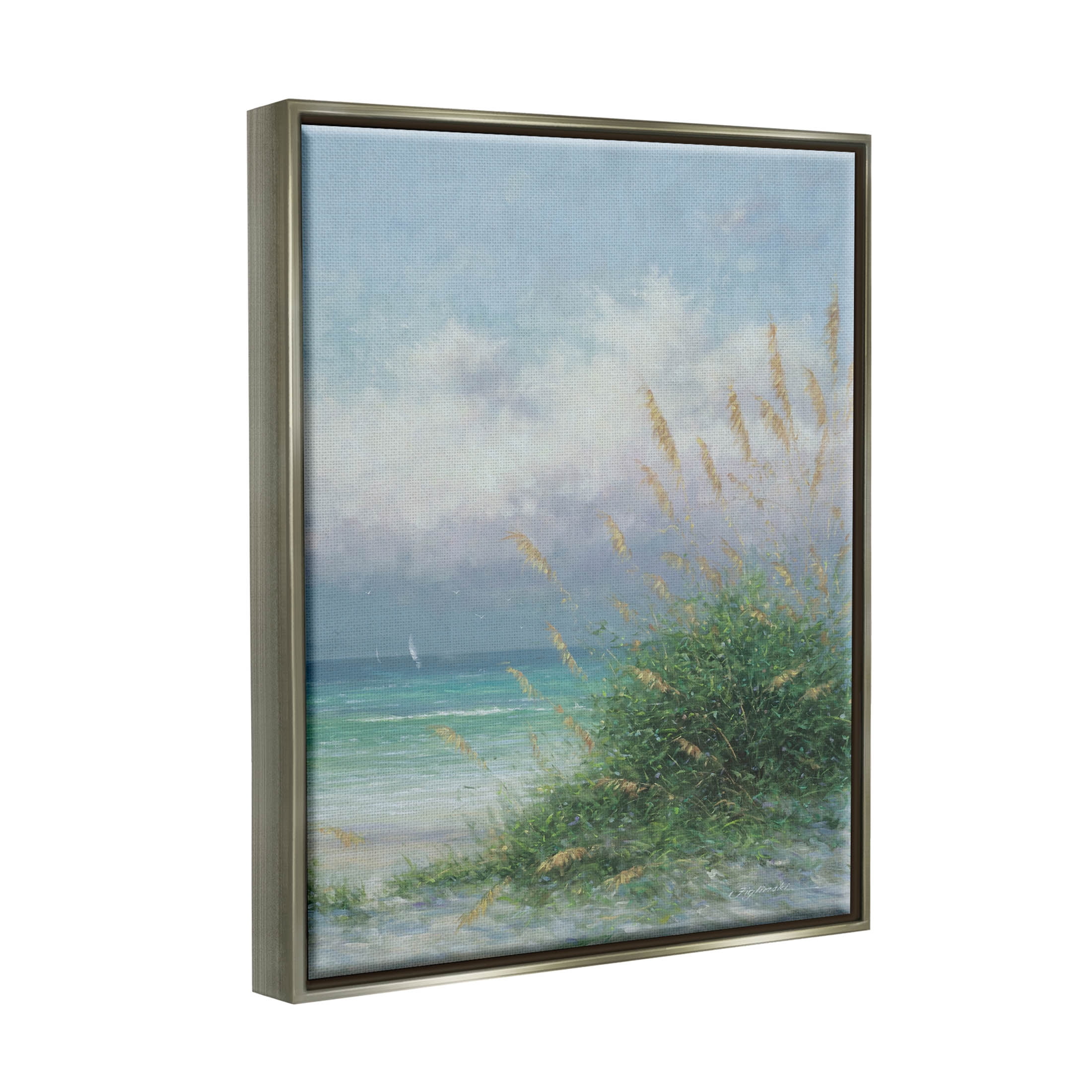 Ocean Waves Beach Reeds Coastal Painting Luster Gray Framed Art Print Wall Art