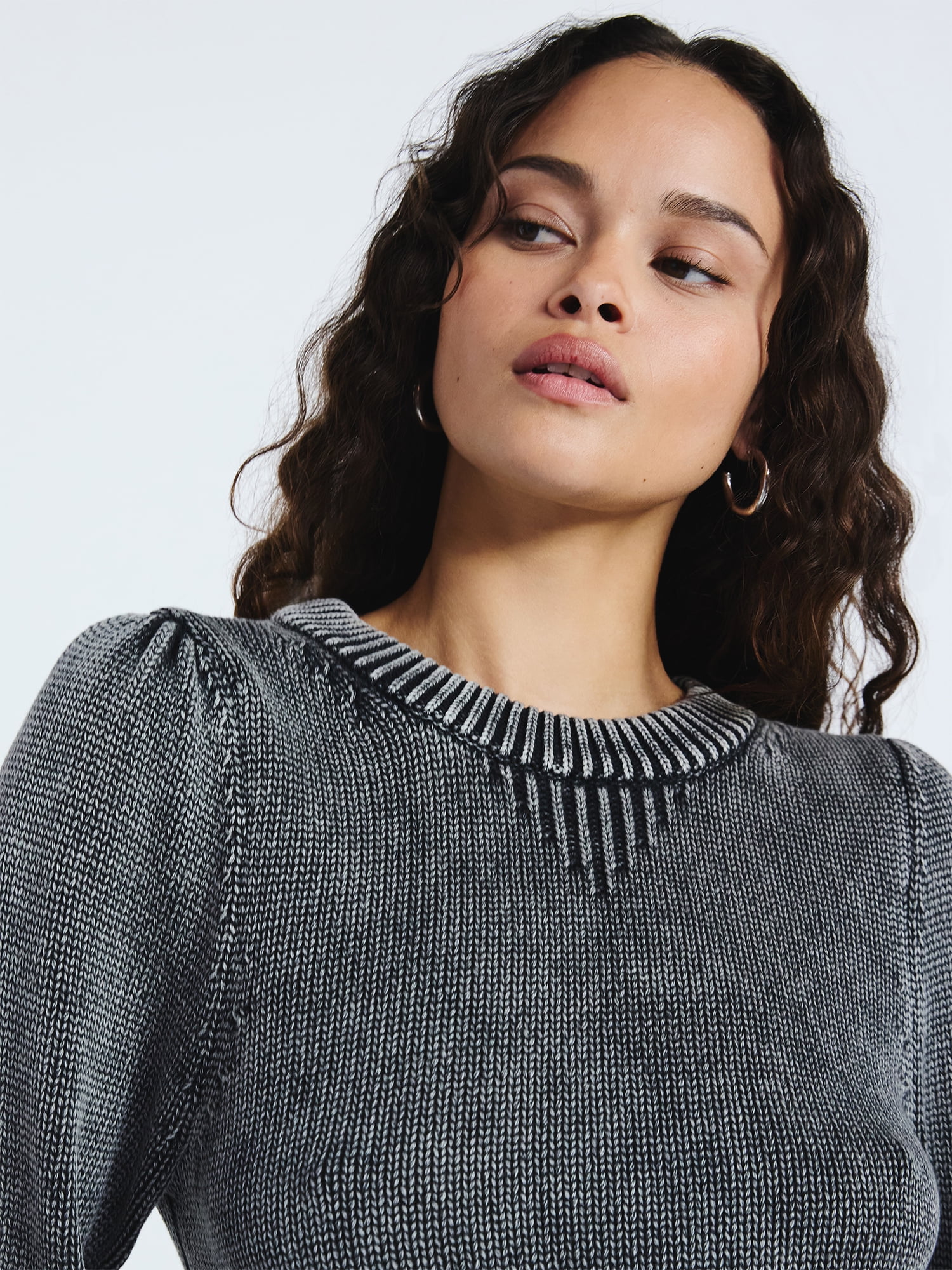 Scoop Women’s Acid Wash Cotton Sweater with Long Puff Sleeves, Midweight, Sizes XS-XXL