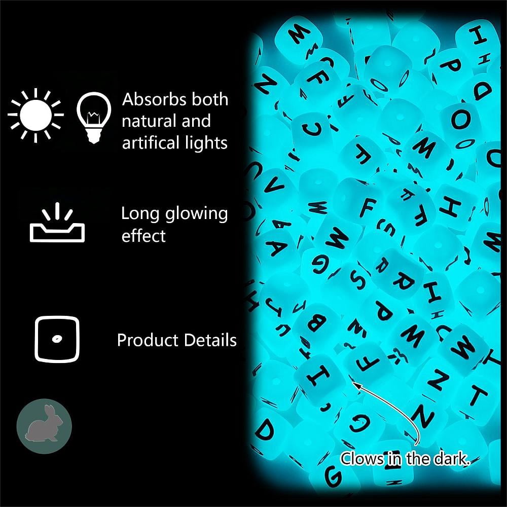 104 Pcs Luminous Cube Silicone Beads Letter Square Dice Alphabet Beads with 2mm Hole Spacer Loose Letter Beads DIY