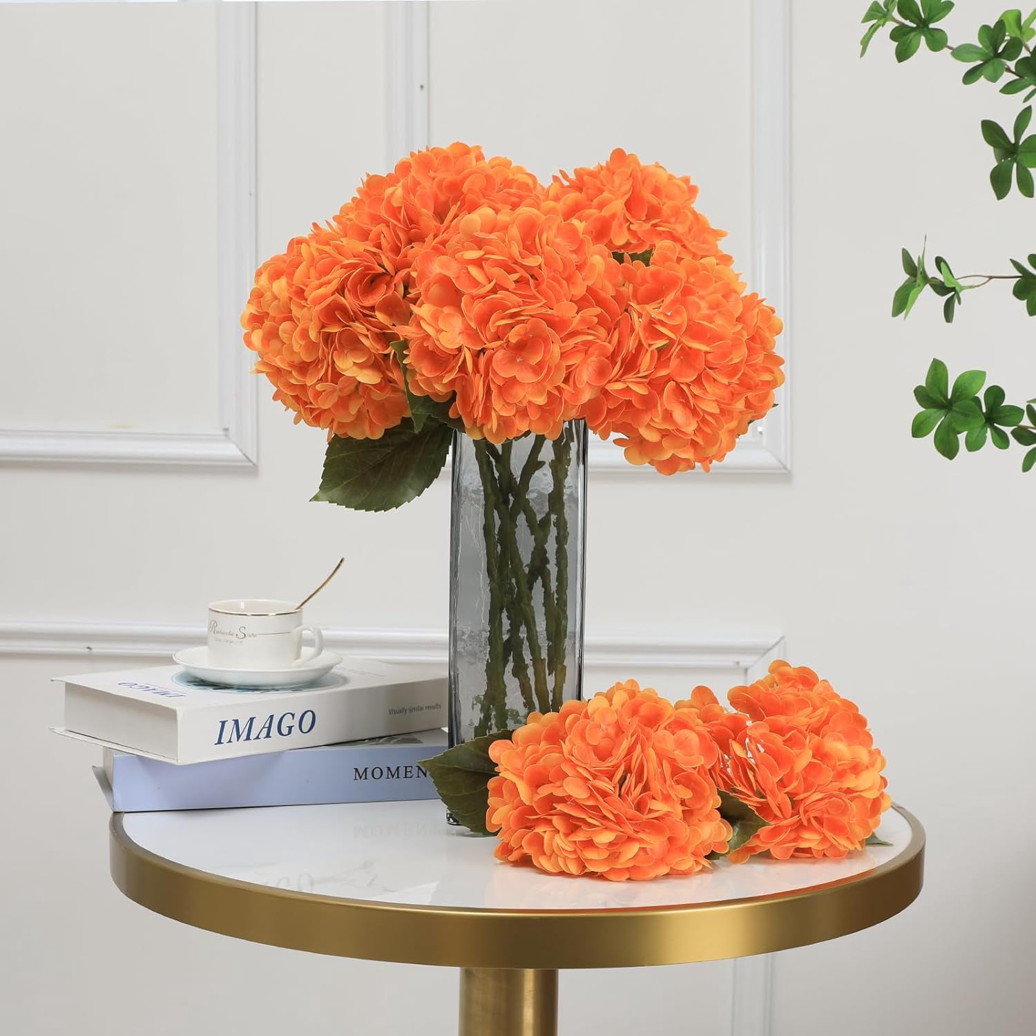 Orange Hydrangea Artificial Flowers Silk Flowers Fake Hydrangeas Real Touch Hydrangea Flowers for Wedding Party Office Home Decor (Orange)