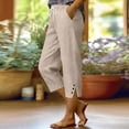 thumbnail image 2 of Hueook Womens Capri Pants Womens Golf Pants Women's SummerLinen Solid Color Loose Straight Leg Pants with Pockets Side Slit Buttons Cropped Pants Khaki XXL, 2 of 5