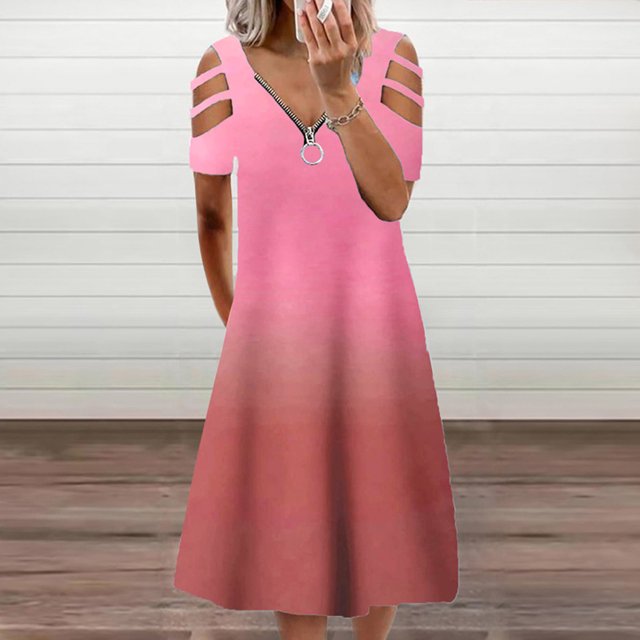 Pisexur Robe à Manches Courtes Col en V Hauteur Genou Mode Femmes Décontractée Ample Imprimée Col en V Manches Courtes Robe Ajourée Robe pour Femmes