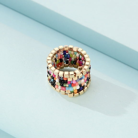 Womens Layered Ring With Colorful Rice Beaded Geometric Plastic Resin Durable Fashion Finger Jewelry Accessory