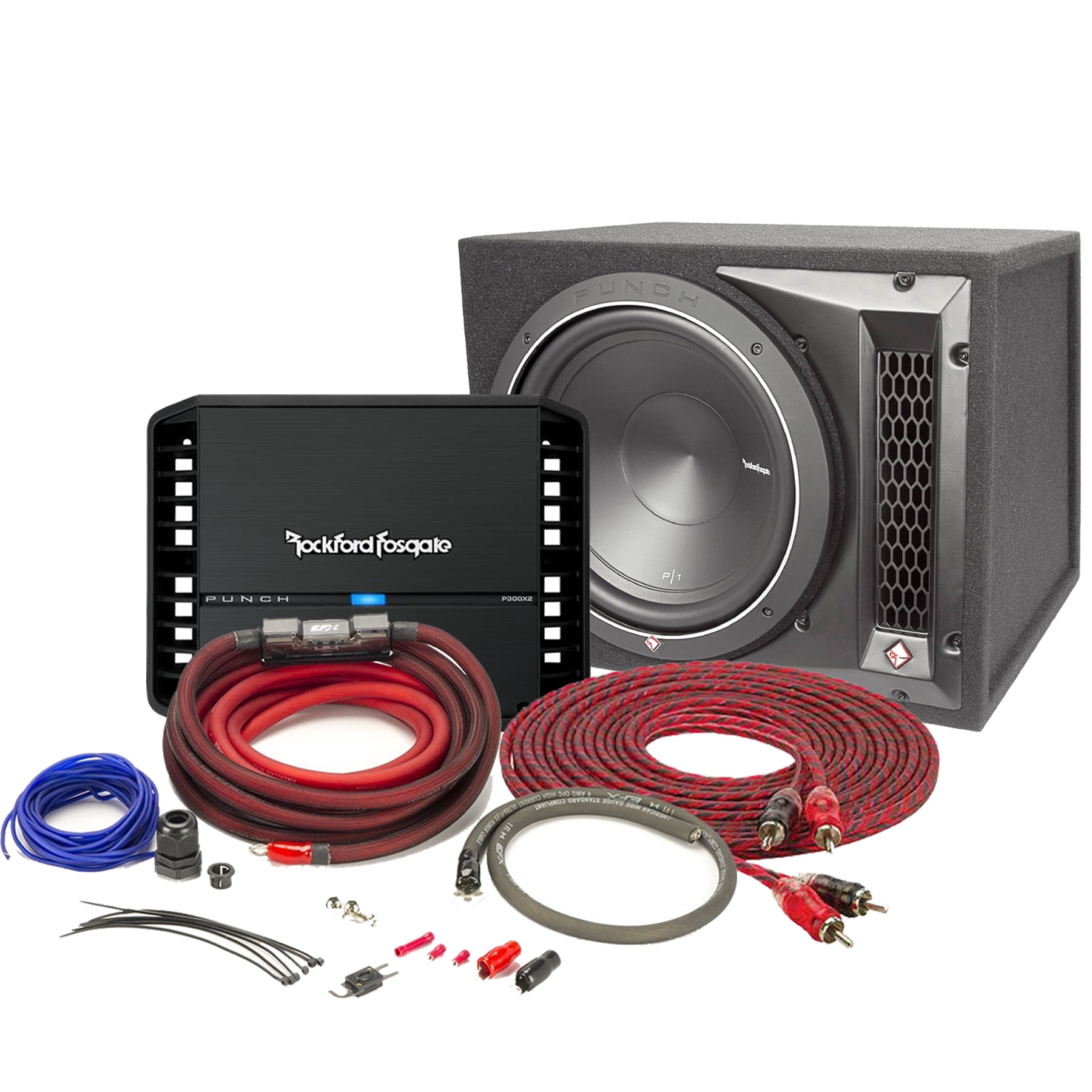 Rockford Fosgate Punch P300X2 2-channel car amplifier + P2-1X12 12" Punch  P2 ported subwoofers + M2KIT4B Wire kit + M117 - Walmart.com