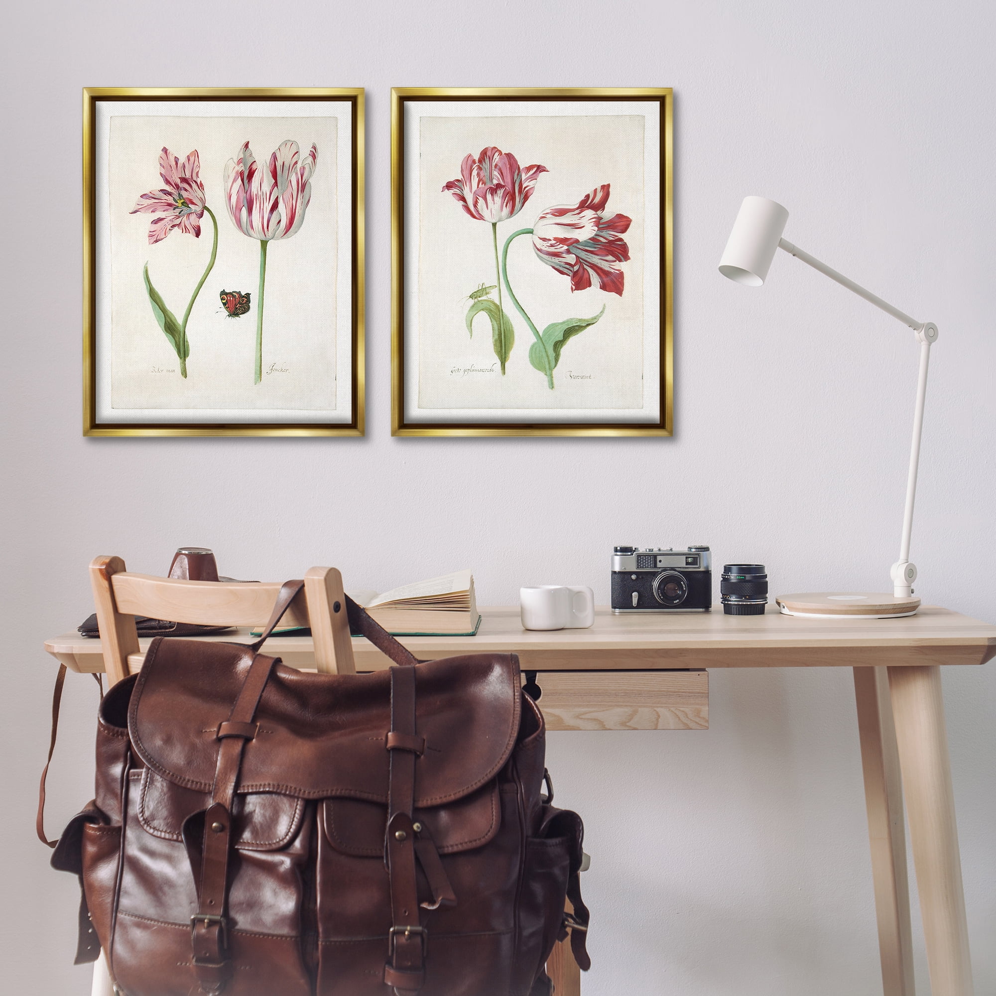 Stupell Industries Vintage Tulip & Insect Studies Floral & Botanical Painting Gold Floater Framed Canvas Art Print Wall Art, 31 x 25, Set of 2