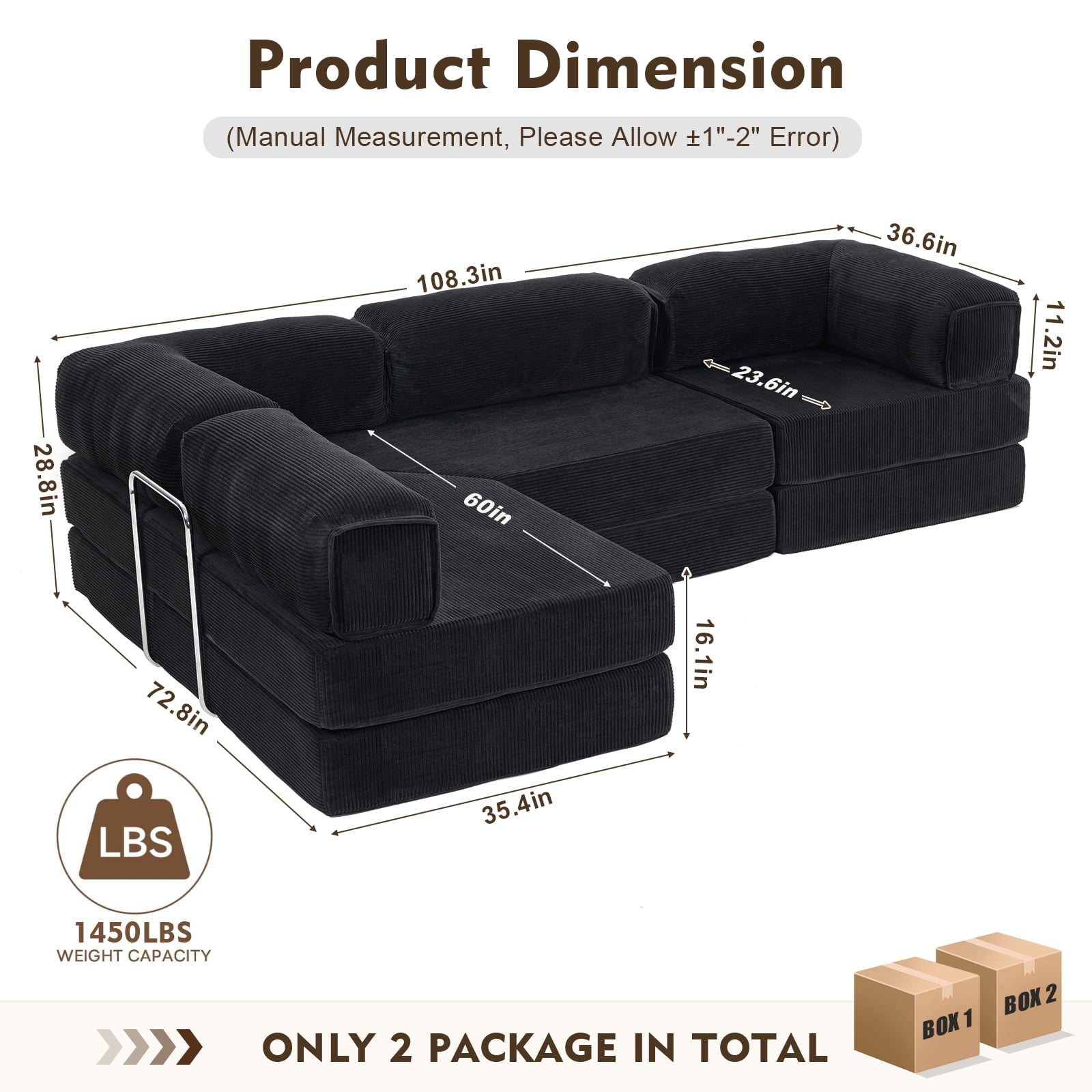 MEISSALIVVE 108" L-Shaped Modular Sectional Sofa with Chaise, Cloud Deep Seat Couch with Removable Pillows, No Assembly Required for Living Room & Bedroom (Black)