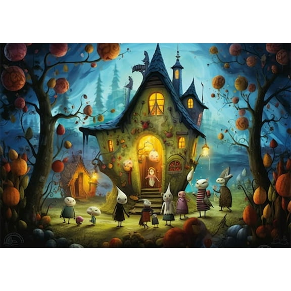 Puzzles for Adults 500 Pieces Jigsaw Puzzles Happy Halloween Lantern Cottage Formation Wooden Wall Art Pictures for Living Room Props Toys  Gift