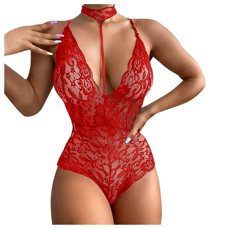 

KDDYLITQ Halter One Piece Lingerie for Women Deep V Neck Sexy Snap Crotch Lace Teddy Sleepwear Babydoll Bodysuit Red XXL