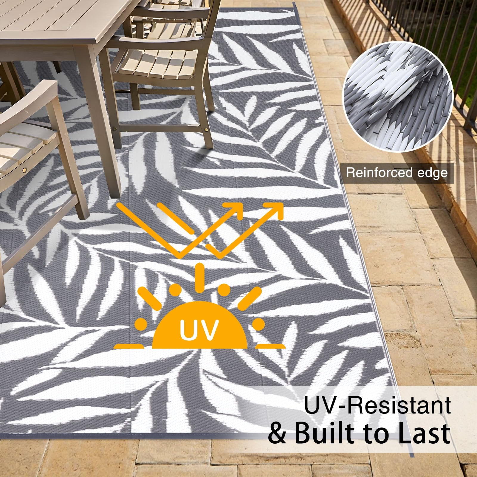 Smiry Outdoor Rugs 5x8, Waterproof Plastic Straw Indoor Outdoor Mat for Patio, RV Camping, Deck,Porch, Grey & White