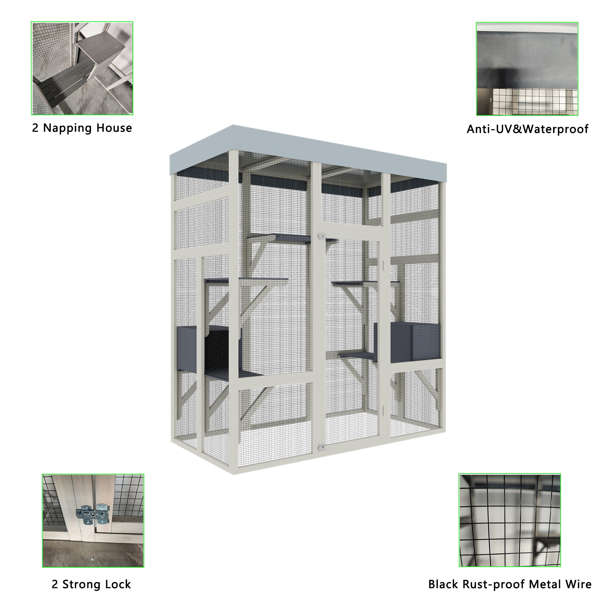 70" Catio Outdoor Cat Enclosure, Large Wood Cat House for Multiple Cats, Waterproof Top, Spacious and Secure Cat Shelter Enclosure with Platforms and Resting Box