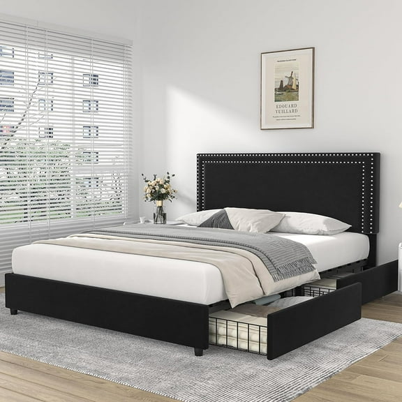 Full Size Upholstered Platform Bed Frame with 4 Storage Drawers, Adjustable Velvet Rivets Headboard, Wooden Slats Support, No Box Spring Needed, Easy Assembly