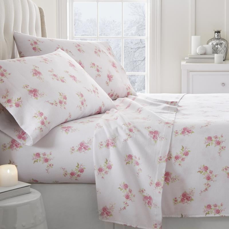 Noble Linens Premium Rose Pattern 4 Piece Flannel Bed Sheet Set