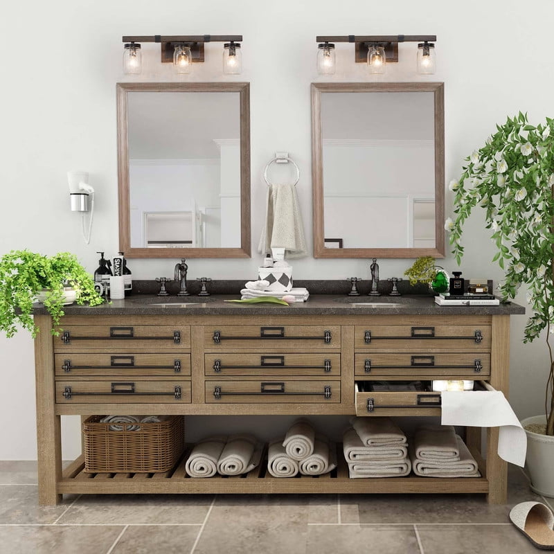 LNC 3-Light Black Geometric Clear Mason Jar Glass Modern Bathroom Vanity Light