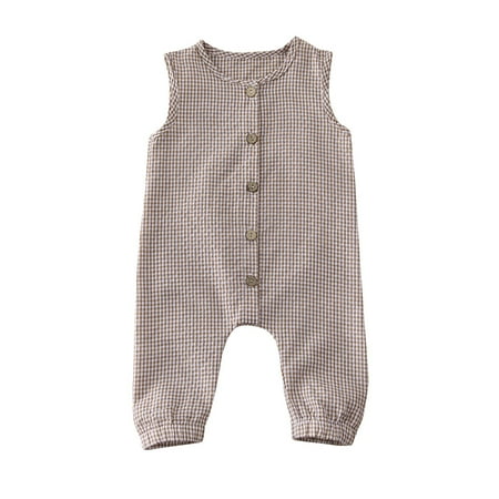 

Canrulo Newborn Infant Baby Girl Boy Summer Clothes Sleeveless Bodysuit Plaids Button Down Romper Jumpsuit Khaki 6-12 Months