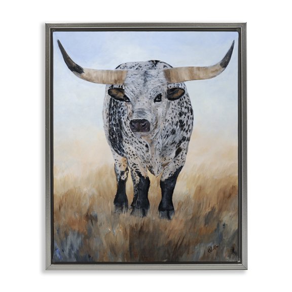 Stupell Industries Rustic Lodge Rural Longhorn Cattle Animal Gray Floating Frame Canvas Art, 25 x 31, by Kathy Winkler