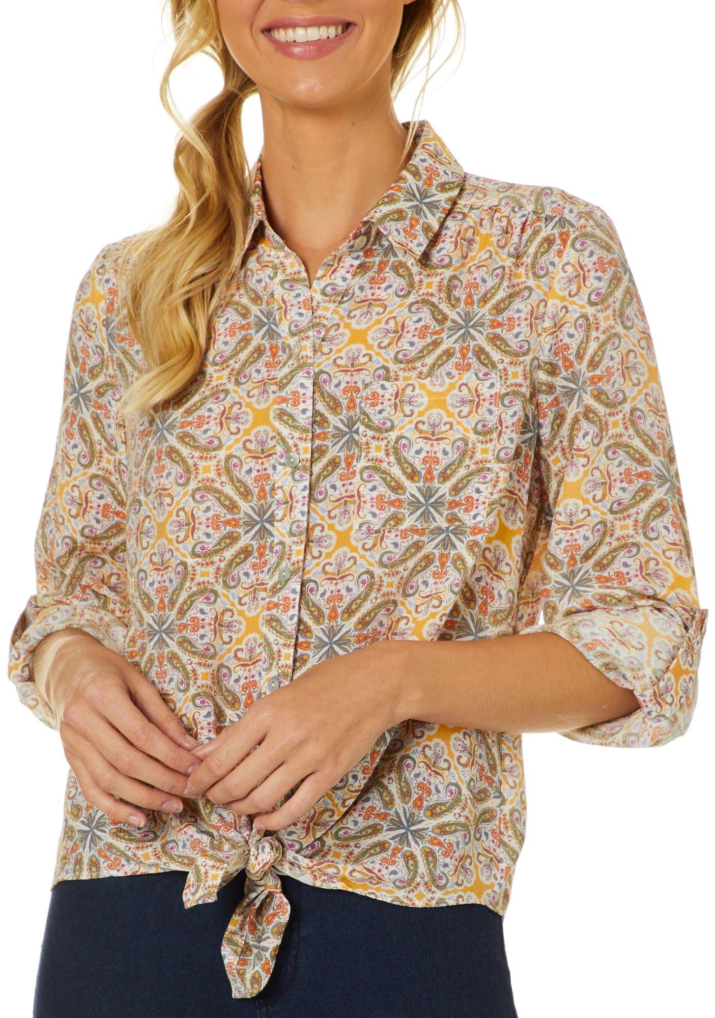 Zac & Rachel Zac & Rachel Petite Paisley Button Down Tie Front Top Large Petite Orange/green