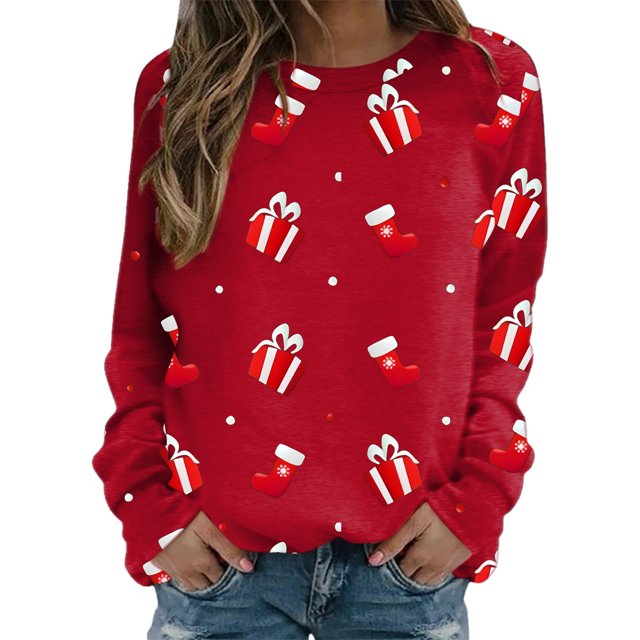 Gibobby Sudaderas de Navidad para Mujer Navidad manga larga cuello redondo moda casual invierno y otoño pulóver sudadera(Rojo,G)