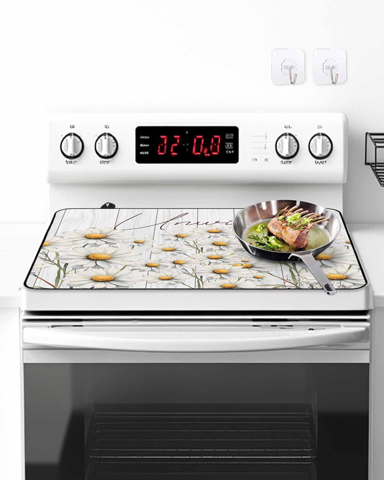 Daisy Stove Top Covers for Electric Stove, 28'x20'' Watercolor Flowers Vintage Wood Grain Glass Ceramic Stove Cover Foldable Rubber Mat Heat Resistant Cooktop Protector for Kitchen