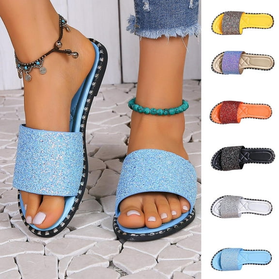 Womens Sandals Women's Summer New Plus Size Frosted Sequin Line Over Beach Flats Light Sandals
