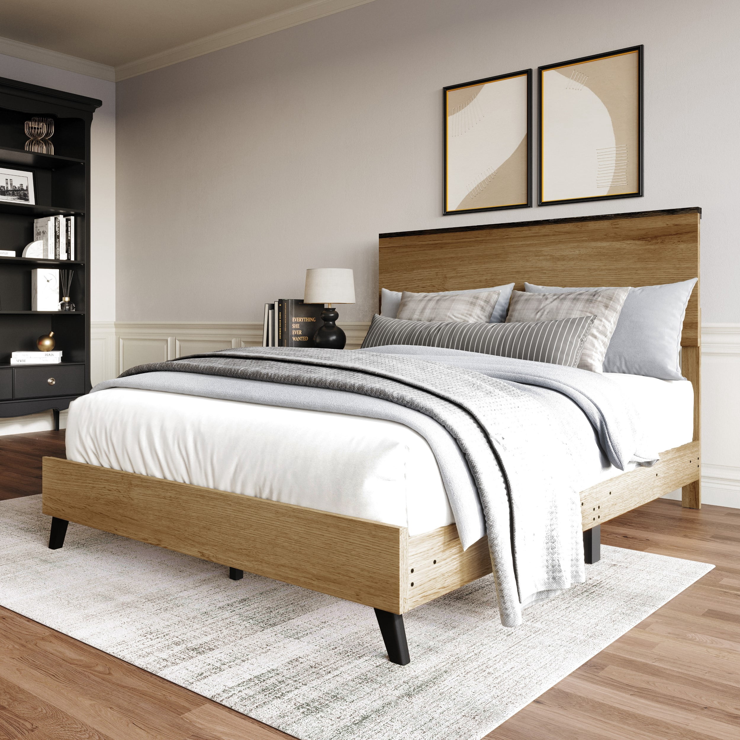 Home Design Emersyn King Panel Bed Frame with Sturdy Wood Panels and Timeless Design, Natural Oak, Easy Assembly