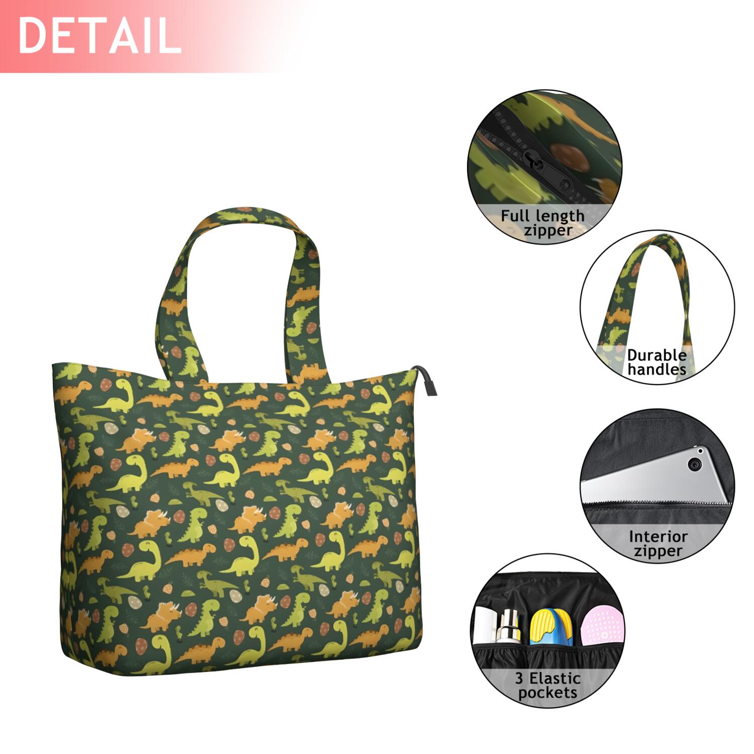 DarkGreen Cartoon Dinosaurs Eggs Pattern Travel Tote Bags for Women Carry On,Large Weekender Bags for Women Travel,Multi Functional Duffle Bag for Work,Shopping,Sports