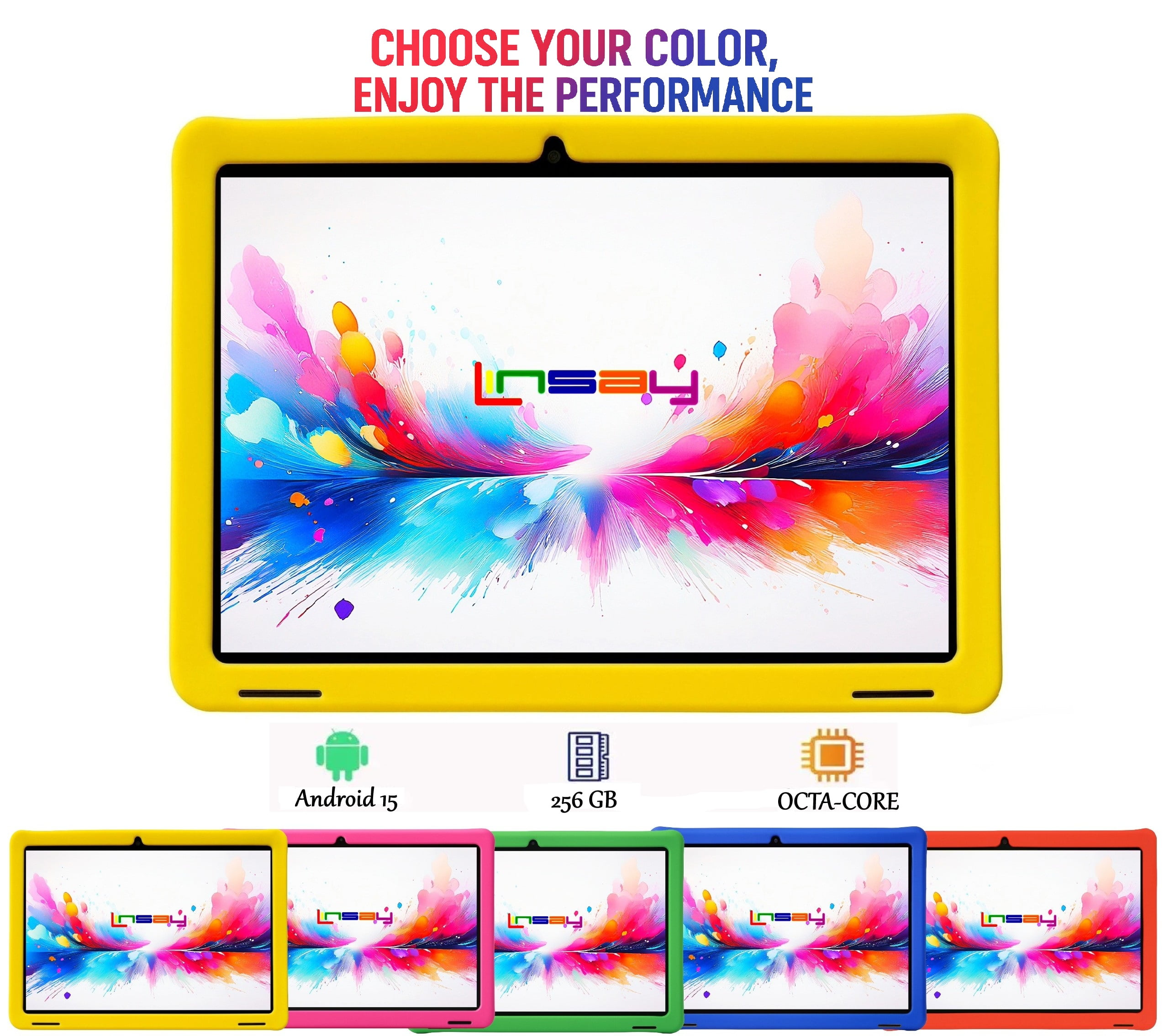 LINSAY 10.1"Octa Core 256GB Storage Android 15 Tablet with Yellow Kids Defender Case