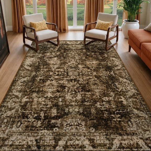 Beltran Vintage Distressed Area Rug 6x9 Washable, Non-Slip Ultra Soft Low Pile Carpet, Stain Resistant Pet Friendly Traditional Rug for Living Room Bedroom Dining Room, Brown