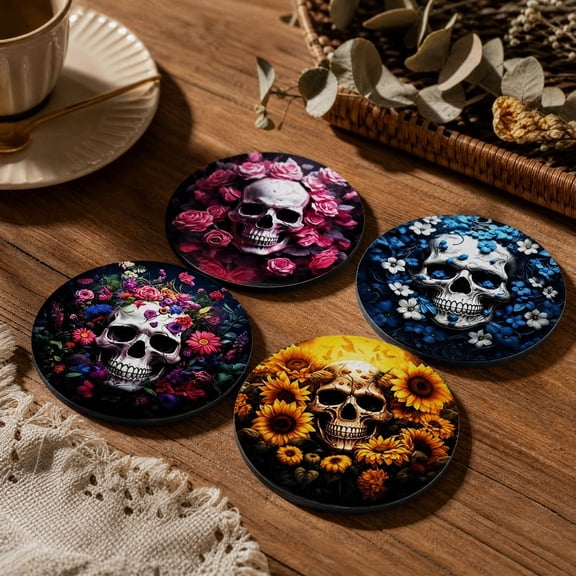 Day of The Dead Skull Wooden Coasters, Vintage Round Wood Cup Coasters, Decorative Tabletop Drink Coasters for Home Bar Kitchen Decor,color