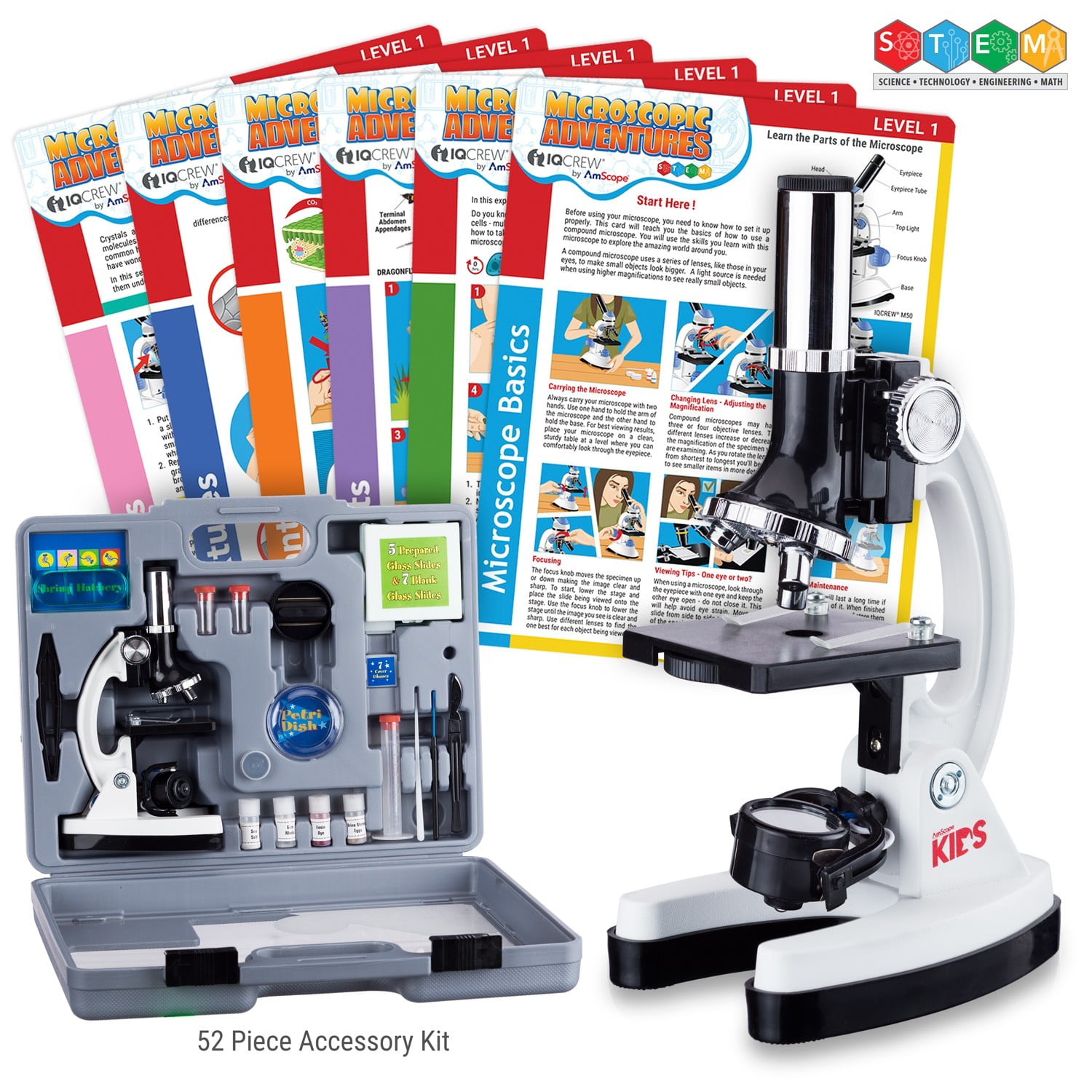 Reflecting Mirror and Complete Accessory Kit with Slides AMSCOPE-KIDS M30-ABS-KT1 120X-240X-300X-480X-600X-1200X Educational Beginner Biological Microscope Kit with Metal Frame Built-in LED Electrical Illumination