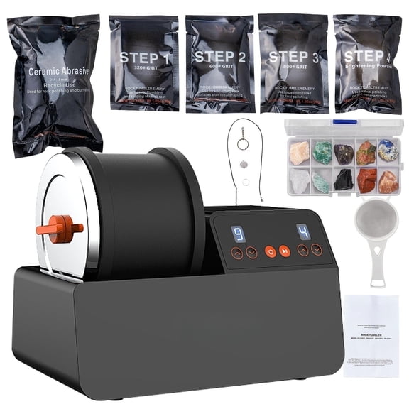 BENTISM Rock Tumbler Kit, Hobby Edition Includes Rough Gemstones with Durable 3 lb. Barrel, and 4 Polishing Grits, Great STEM Science Kit for Geology Enthusiasts, Rock Polisher, black