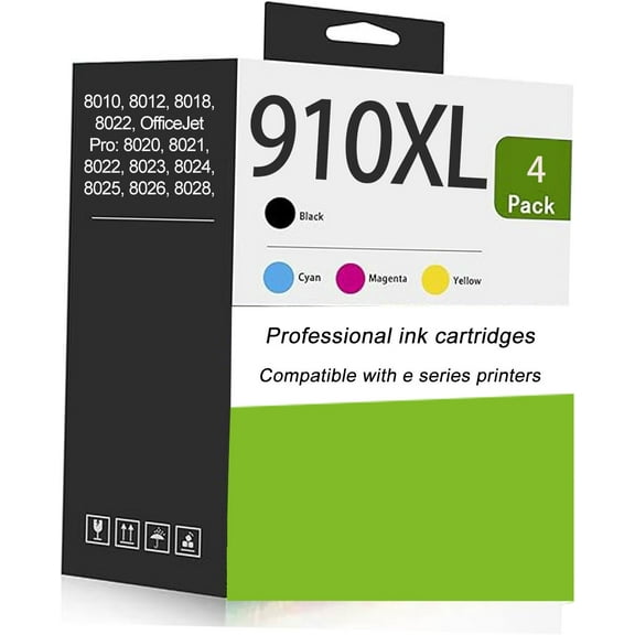 910XL Ink Printer Cartridge, 4 Pack, for OfficeJet Pro 8025e 8015e 8028e 8035e 8025 8035 8020, Black, Cyan, Magenta, Yellow, 4 Count