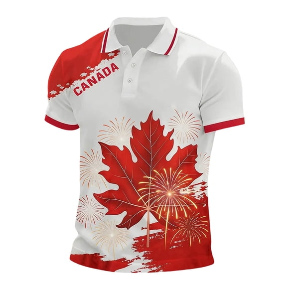 Gyexs Polo de la Fête du Canada pour Homme, Feuille d'Érable Imprimée Fantaisie, Haut Canadien à Manches Courtes, Haut de Sport Décontracté Respirant avec #05 Rouge Melon D\'eau, Taille M