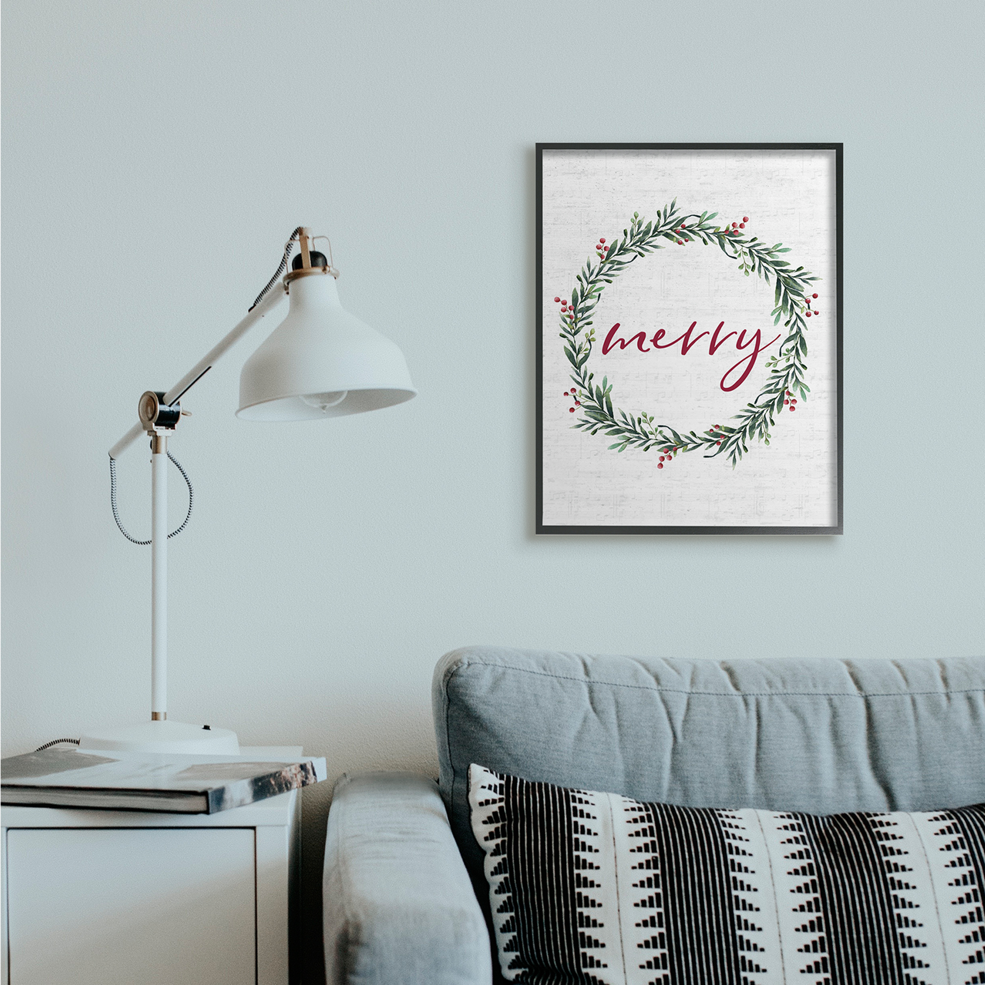 Stupell Industries Red Merry Text Festive Country Holiday Wreath Holiday Painting Black Framed Art Print Wall Art, 24 x 30