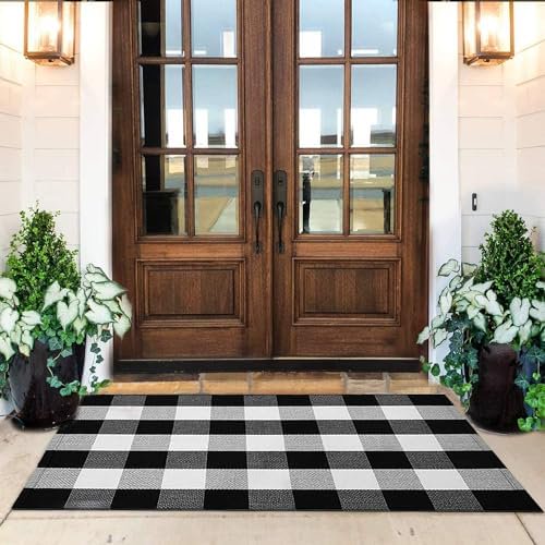 Cotton Buffalo Check Rug 27.5 x 43 Inches, Buffalo Plaid Rug, Washable Hand-Woven Outdoor Checkered Rugs for Layered Door Mats/Kitchen/Farmhous (Christmas Porch Decor Mat)