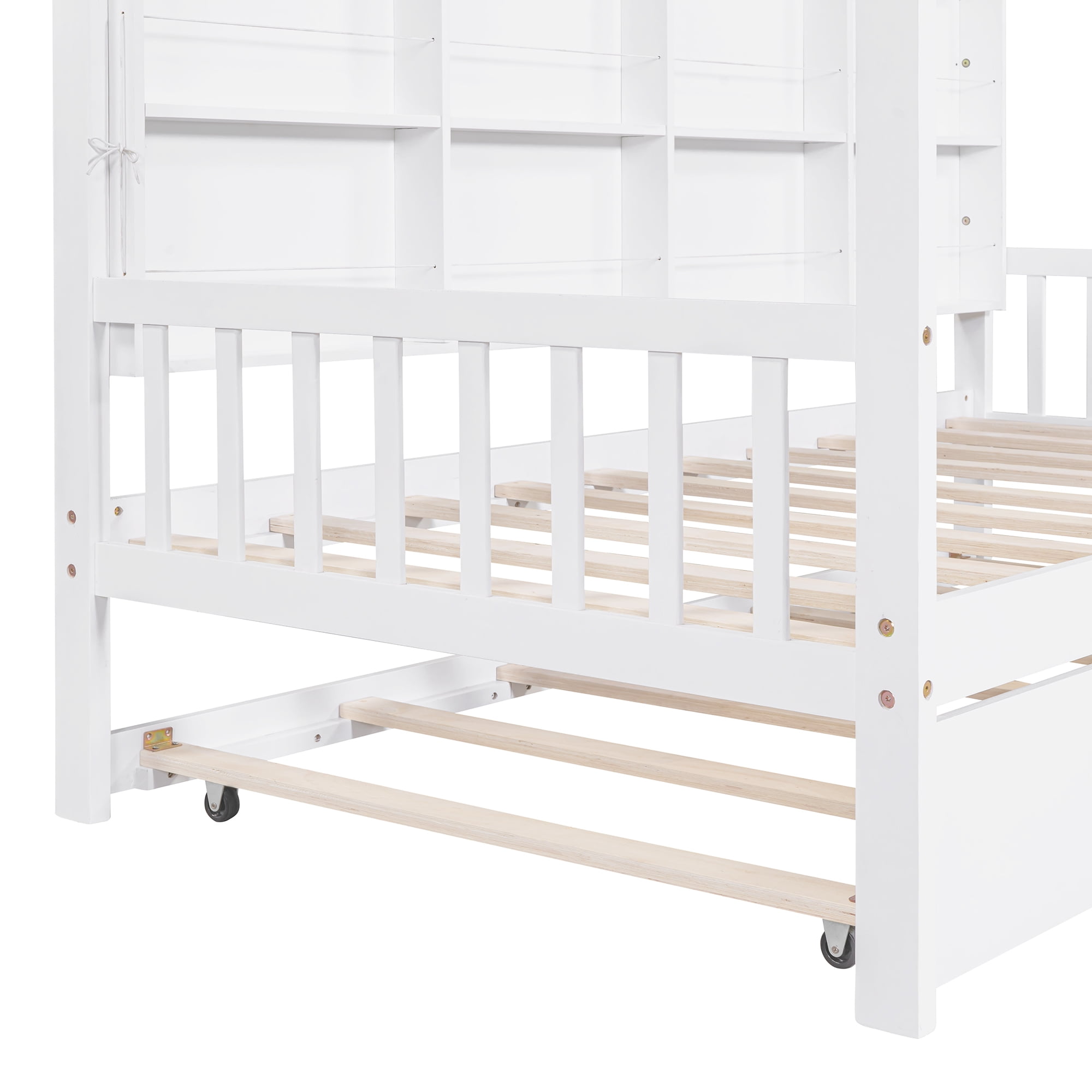 Aukfa House Bed with Trundle, Twin Platform Bed with Storage Shelves and Roof - White