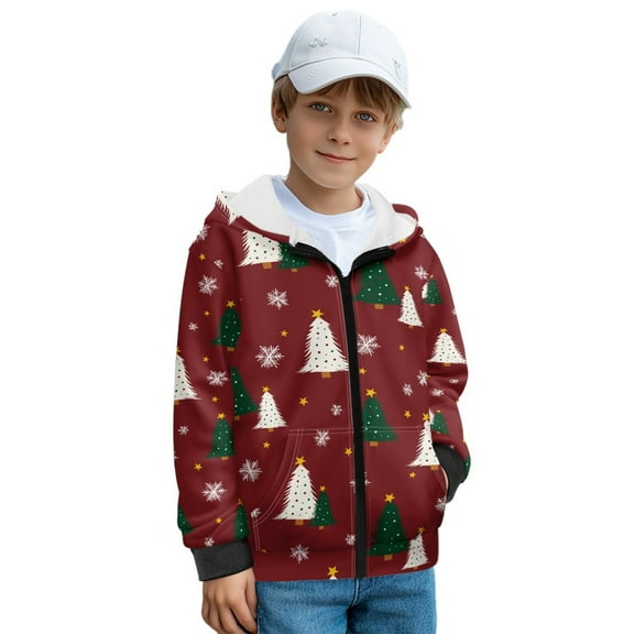 FKELYI Vintage Christmas Tree Snowflake Print Zip Up Hoodies for Kids Fall Sweatshirt Jacket with Side Pockets Winter Activewear Top Cosy Hooded Clothes, S