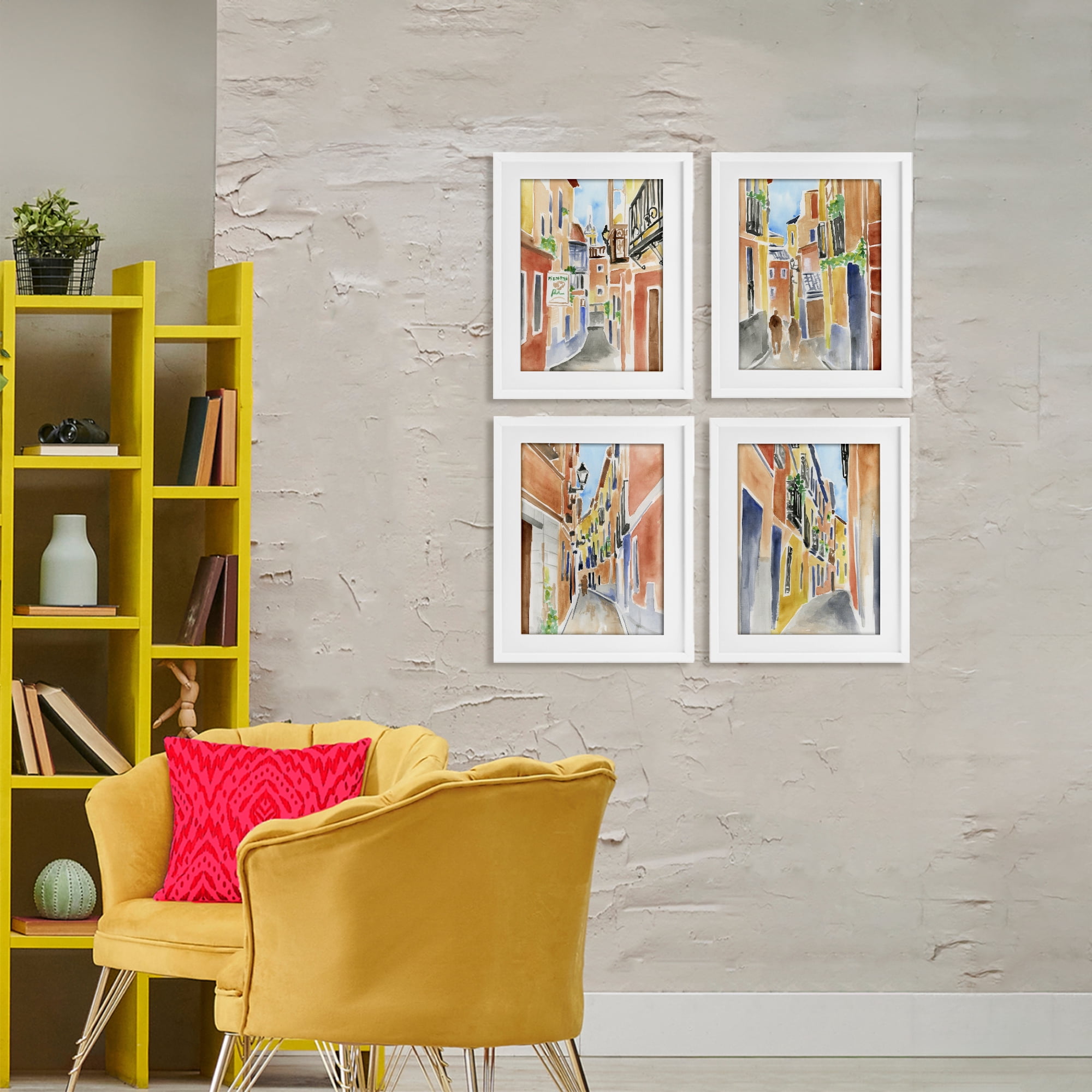 Stupell Industries Madrid Buildings & Architecture 4 Piece White Framed Print Under Glass Set, design by June Erica Vess