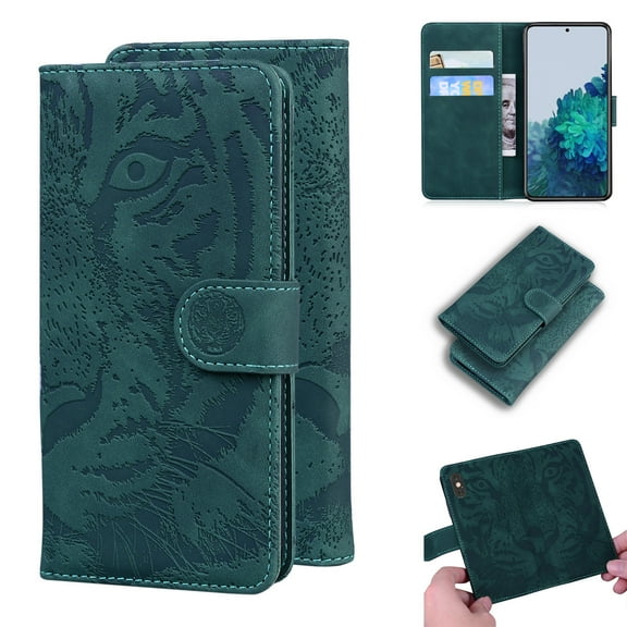 SaniMore Case for Samsung Galaxy S22 Tiger Embossing Flip Wallet, [RFID Blocking] PU Leather Magnetic Clasp Cover with Card Holder & Kickstand Full Body Protective Shell, Green