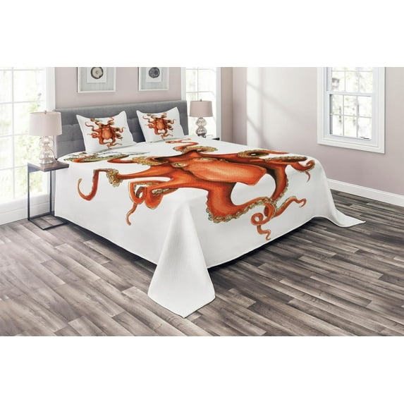 Octopus Coverlet Set, Kraken Octopus Holding Sailing Ship in Tentacles Mythical Monster Nautical Theme, Decorative Quilted Bedspread Set with Pillow Shams Included, White Orange, by Ambesonne
