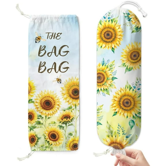 2 Pcs Sunflower Plastic Bag Holder Hanging Grocery Bag Organizer with Drawstring Bottom 23" x 9" Large Storage Bags Dispenser Canvas Multi-color