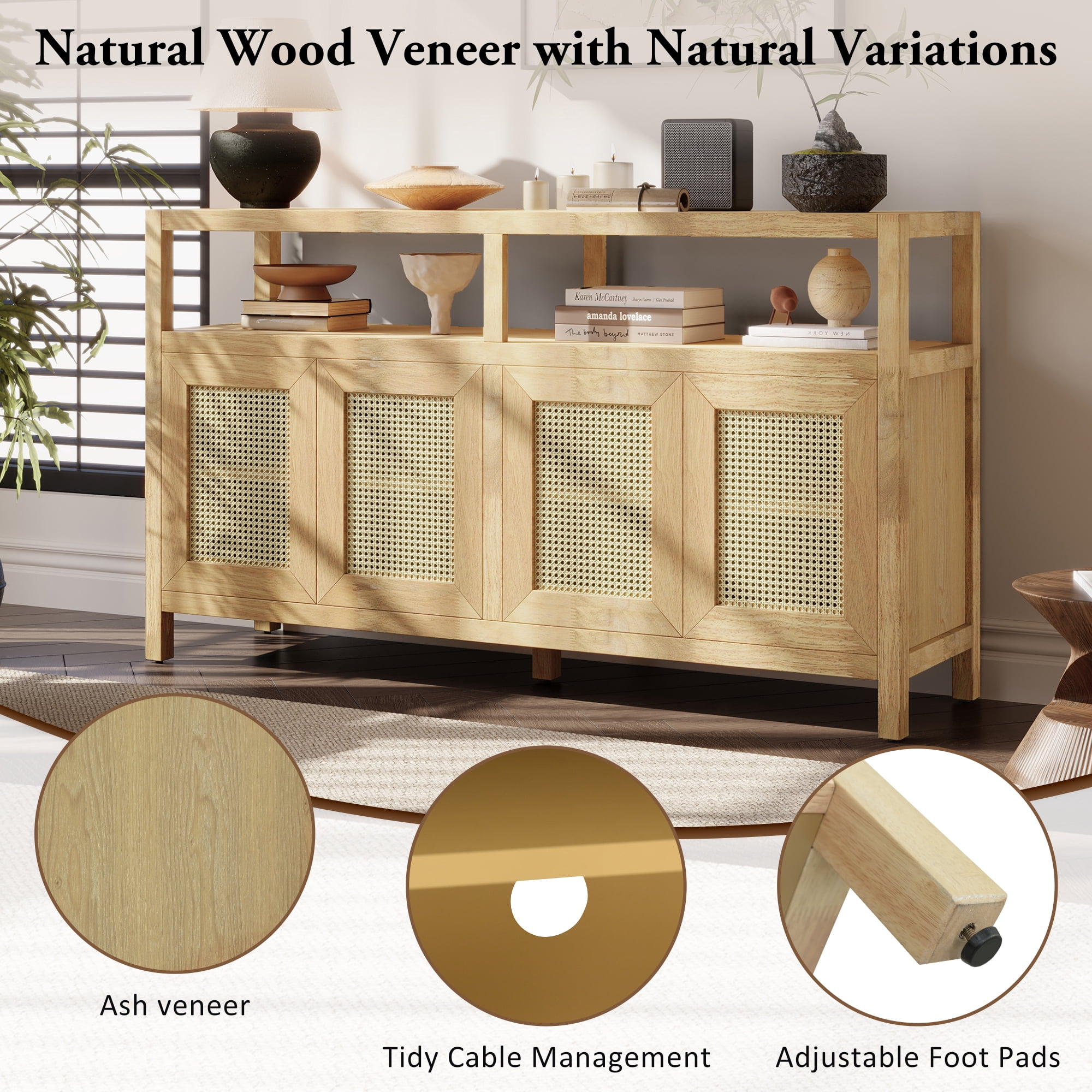 Aukfa Rattan Buffet Storage Cabinet,TV Cabinet for Living Dining Rooms,Bohemian Style,Natural