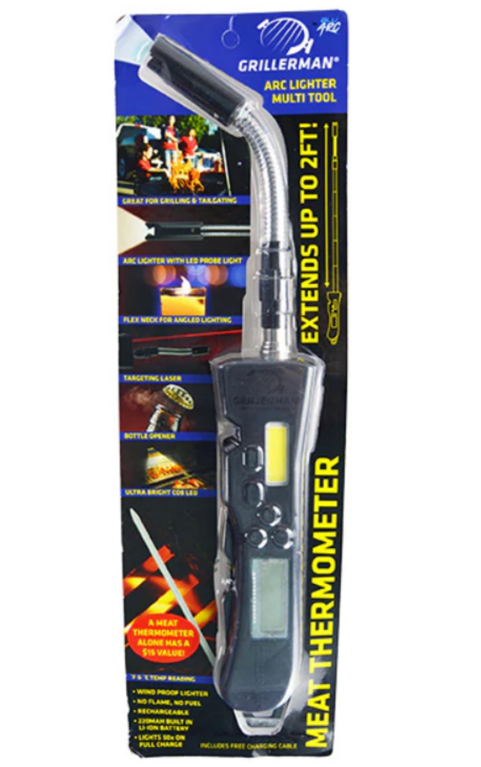 Multi Tool Arc Grill Lighter - Rechargeable - Extendable & Flexible - Meat Thermometer - Laser - LED Light - Bottle Opener